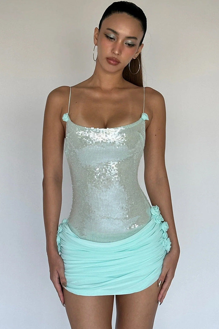 Glitter Sequin Sleeveless Lace Up Rosette Ruched Micro Mini Party Dress