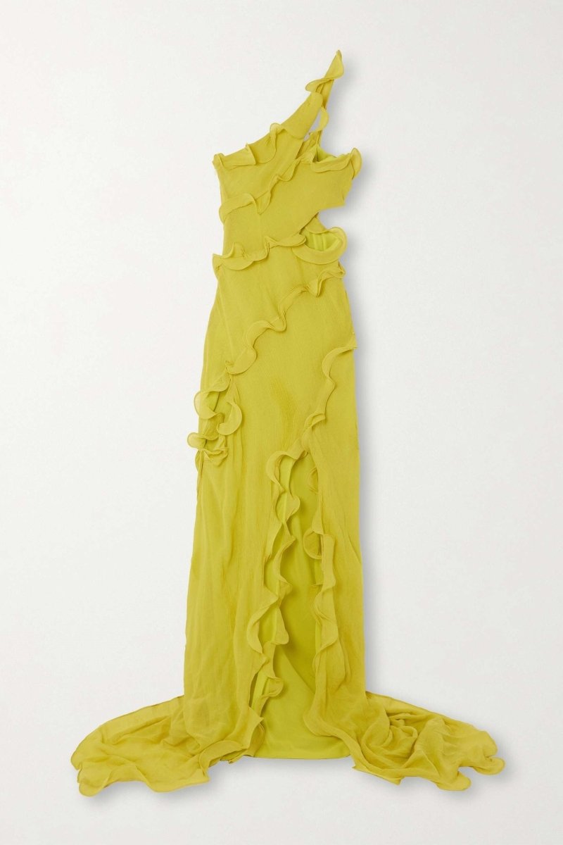 Chiffon One Shoulder Ruffle Trim Cut Out High Split Maxi Gown with Train 8