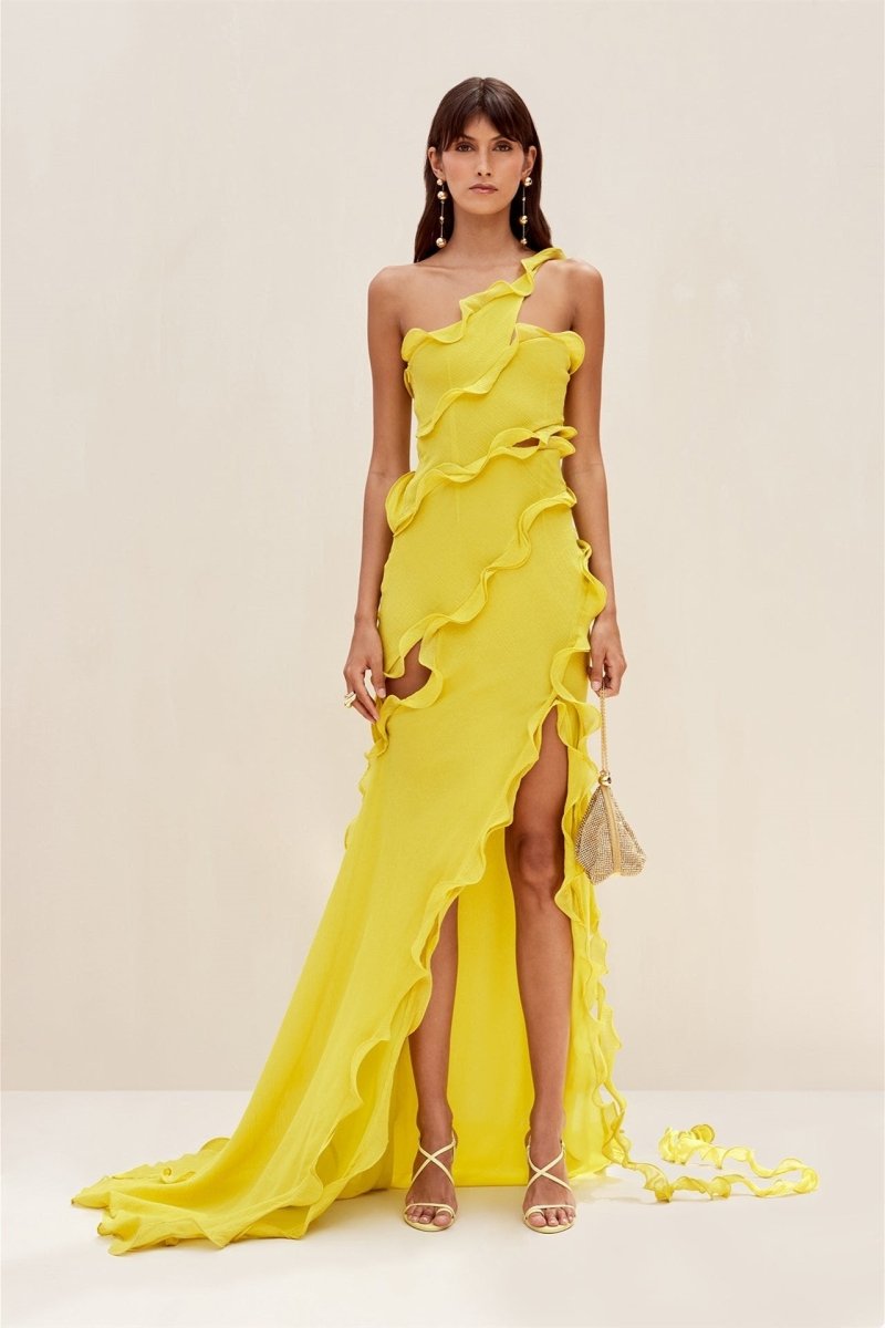 Chiffon One Shoulder Ruffle Trim Cut Out High Split Maxi Gown with Train