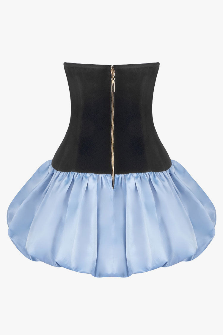 Glossy Bow Plunge Bandeau Velvet Satin Bubble Mini Party Dress