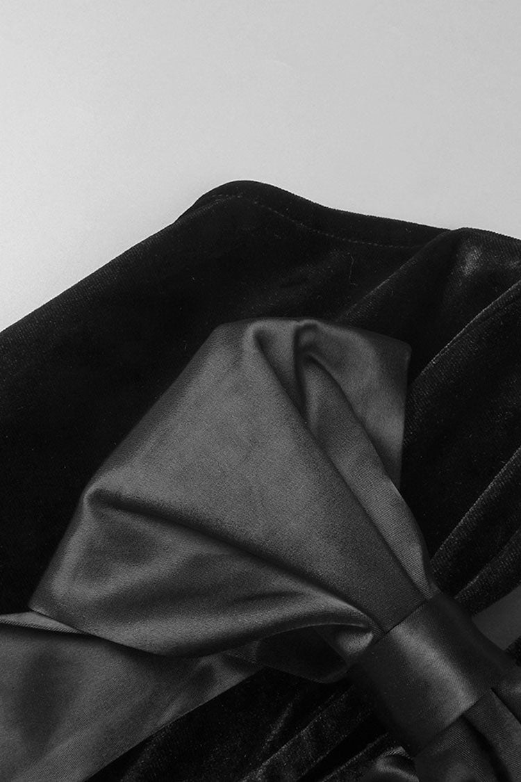 Glossy Bow Plunge Bandeau Velvet Satin Bubble Mini Party Dress