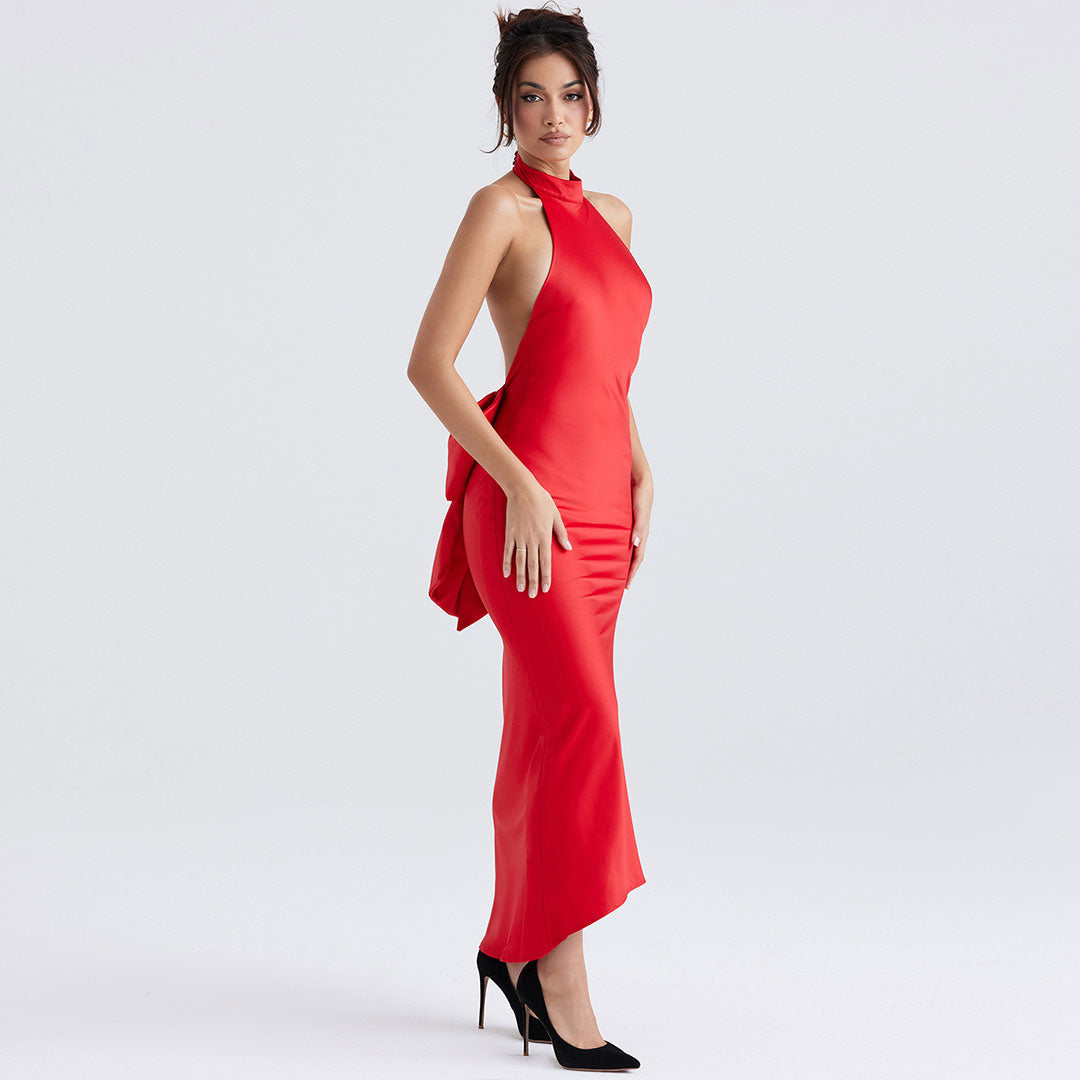 Satin Halter Neck Sleeveless Back Bow Fishtail Maxi Dress 2