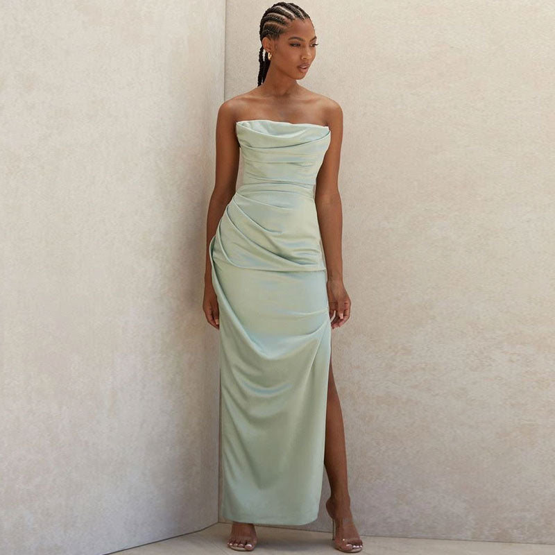 Satin Strapless Cowl Neck Draped High Split Maxi Evening Dress 2