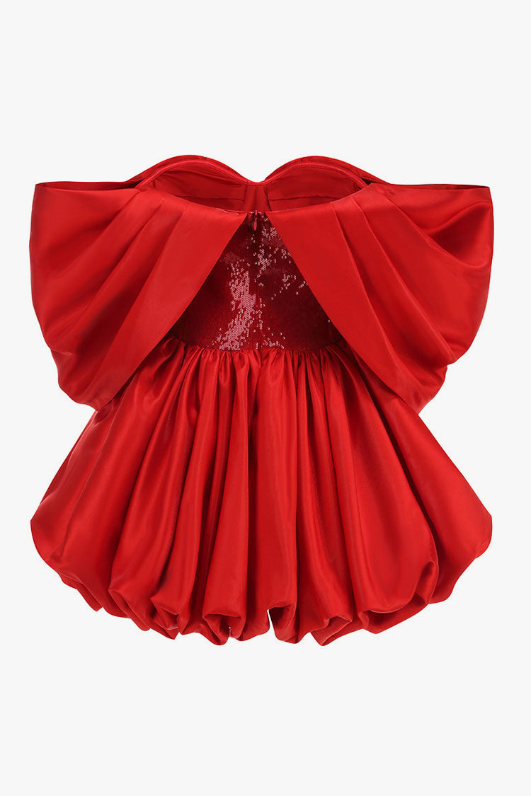 Glossy Satin Draped Off Shoulder Sequin Corset Bubble Party Mini Dress
