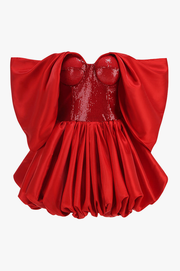 Glossy Satin Draped Off Shoulder Sequin Corset Bubble Party Mini Dress