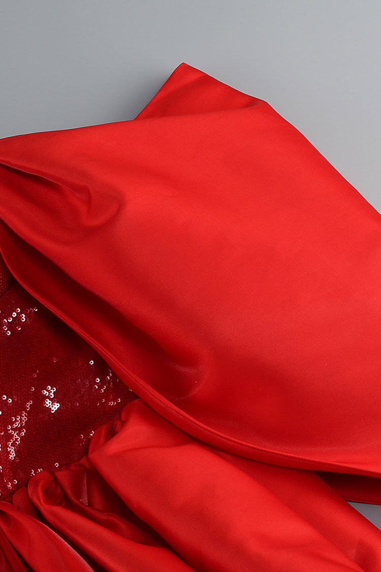 Glossy Satin Draped Off Shoulder Sequin Corset Bubble Party Mini Dress