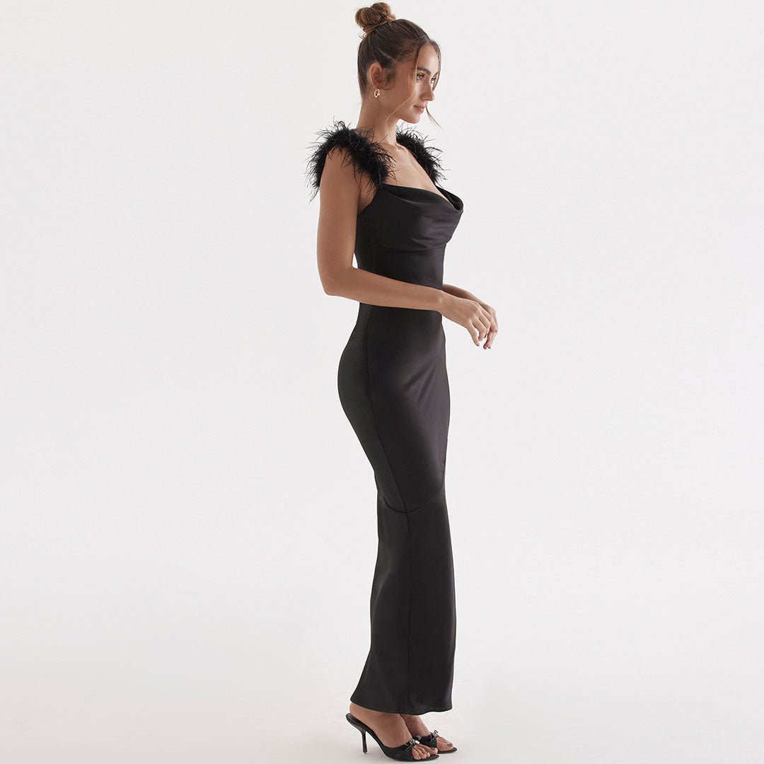 Satin Cowl Neck Faux Feather Strap Bodycon Maxi Dress 2