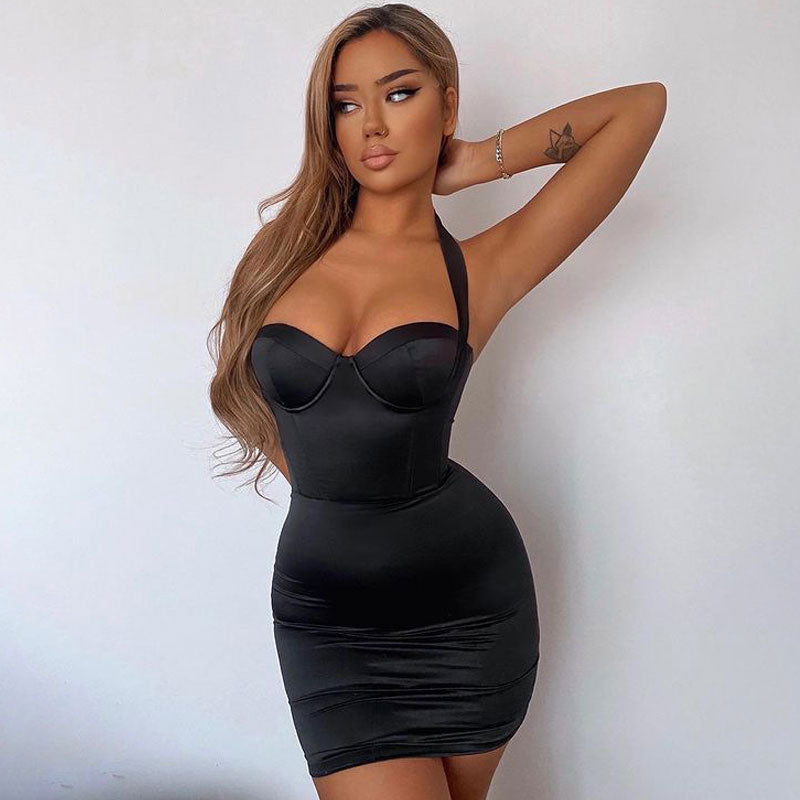 Satin Halter Neck Bustier Cup Bodycon Mini Dress