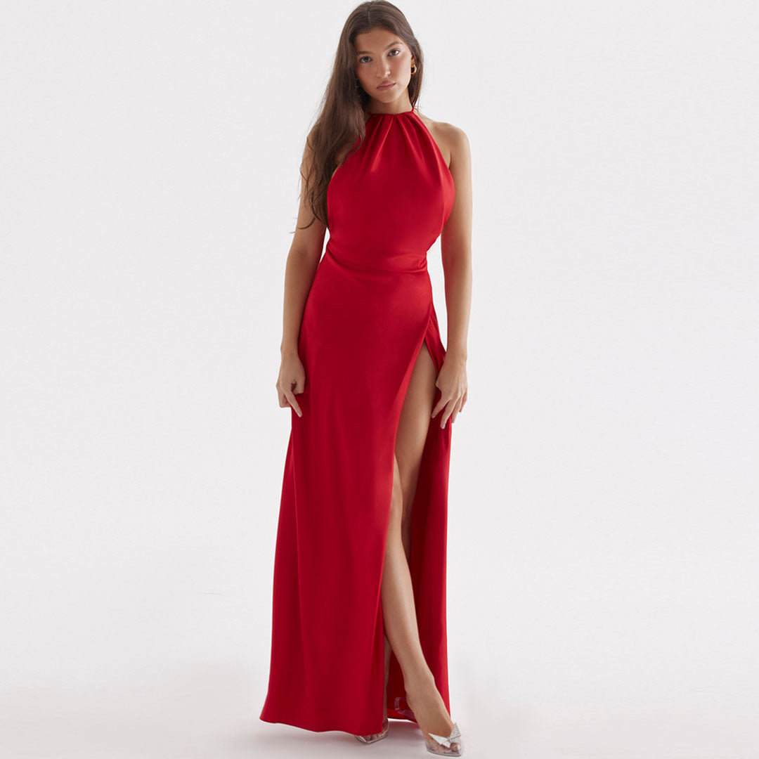 Satin Gathered Halter Neck Sleeveless High Split Maxi Dress