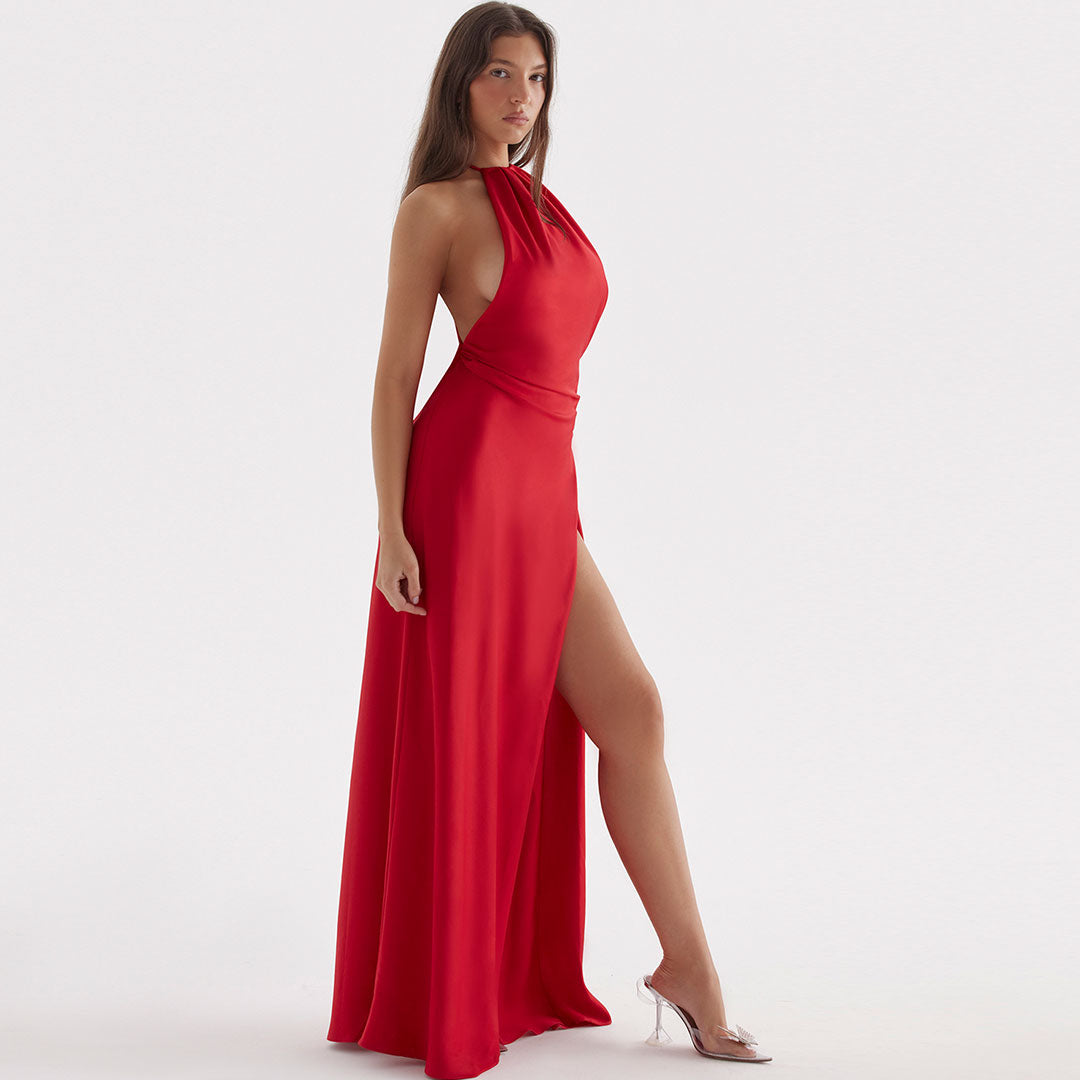 Satin Gathered Halter Neck Sleeveless High Split Maxi Dress 2