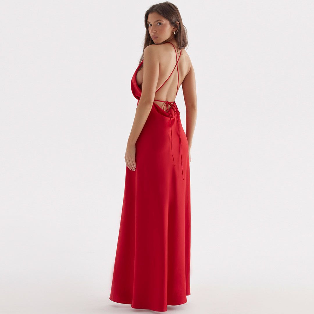 Satin Gathered Halter Neck Sleeveless High Split Maxi Dress 3