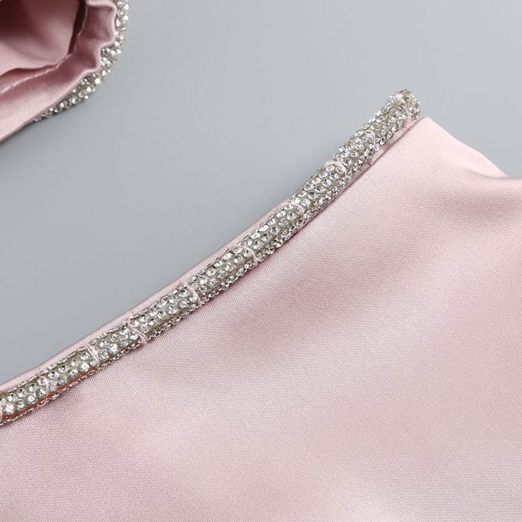 Glossy Satin Ruched Halter V Neck Sleeveless Crystal CutOut Mini Party Dress