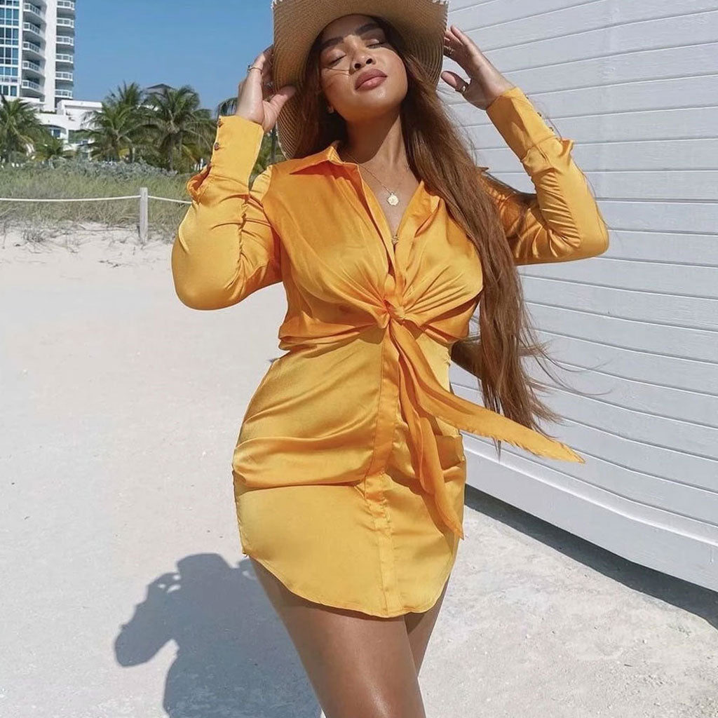 Satin Collared V-Neck Long Sleeve Tie Front Shirt Mini Dress