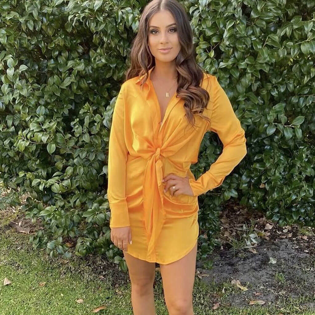 Satin Collared V-Neck Long Sleeve Tie Front Shirt Mini Dress 2