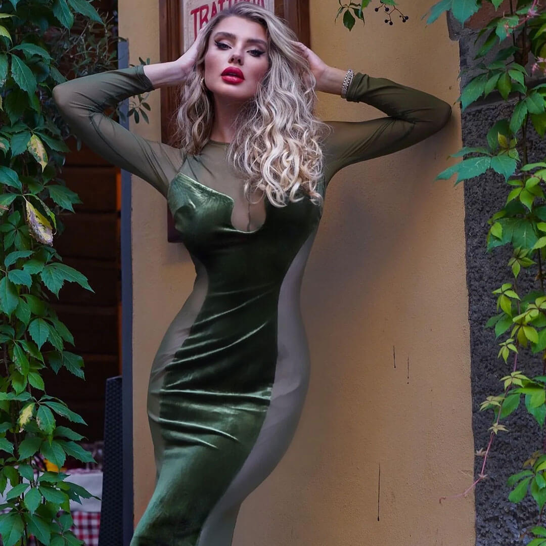 Velvet Sheer Mesh Panel Mock Neck Long Sleeve Bodycon Dress 2