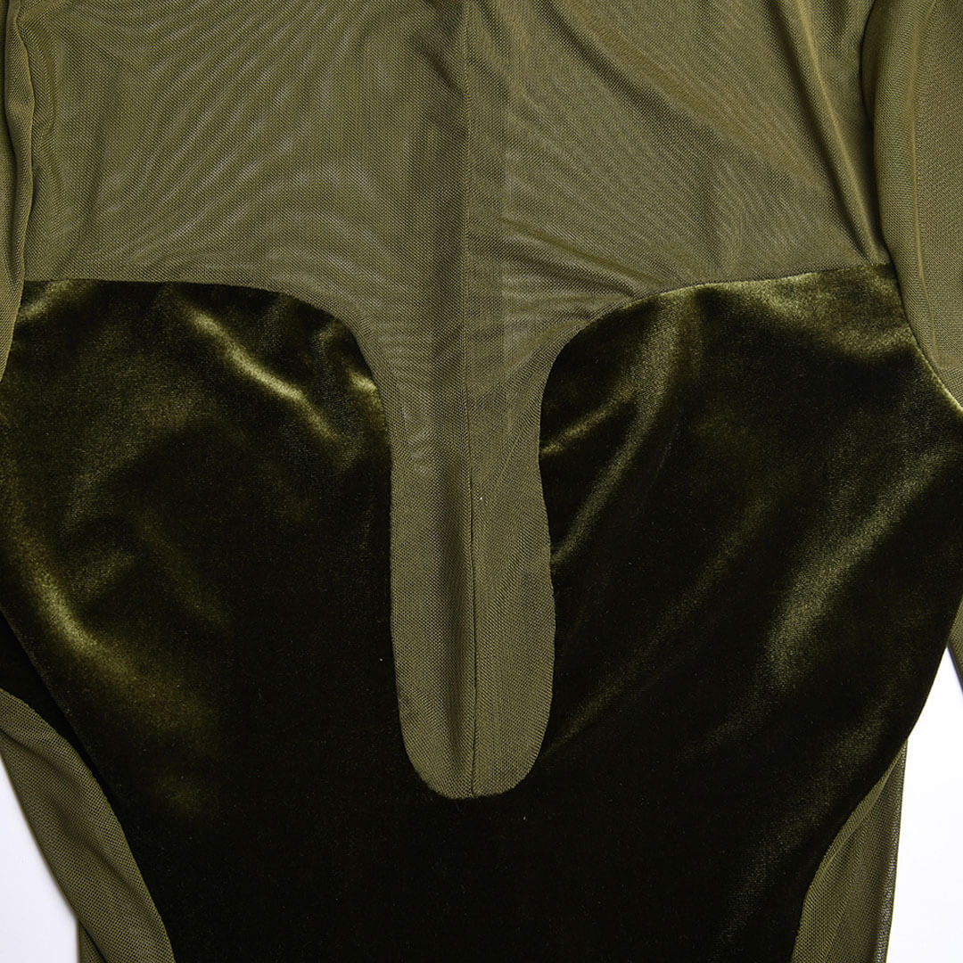 Velvet Sheer Mesh Panel Mock Neck Long Sleeve Bodycon Dress 4
