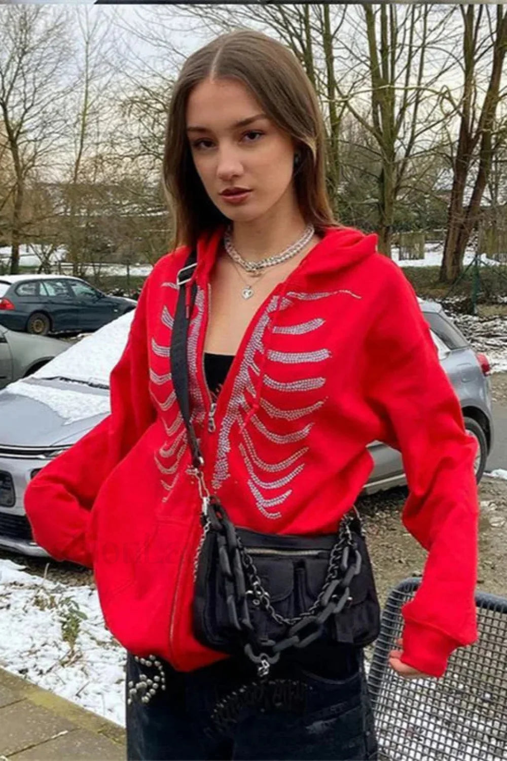 Gothic Black Zip Up Hoodie Red / S