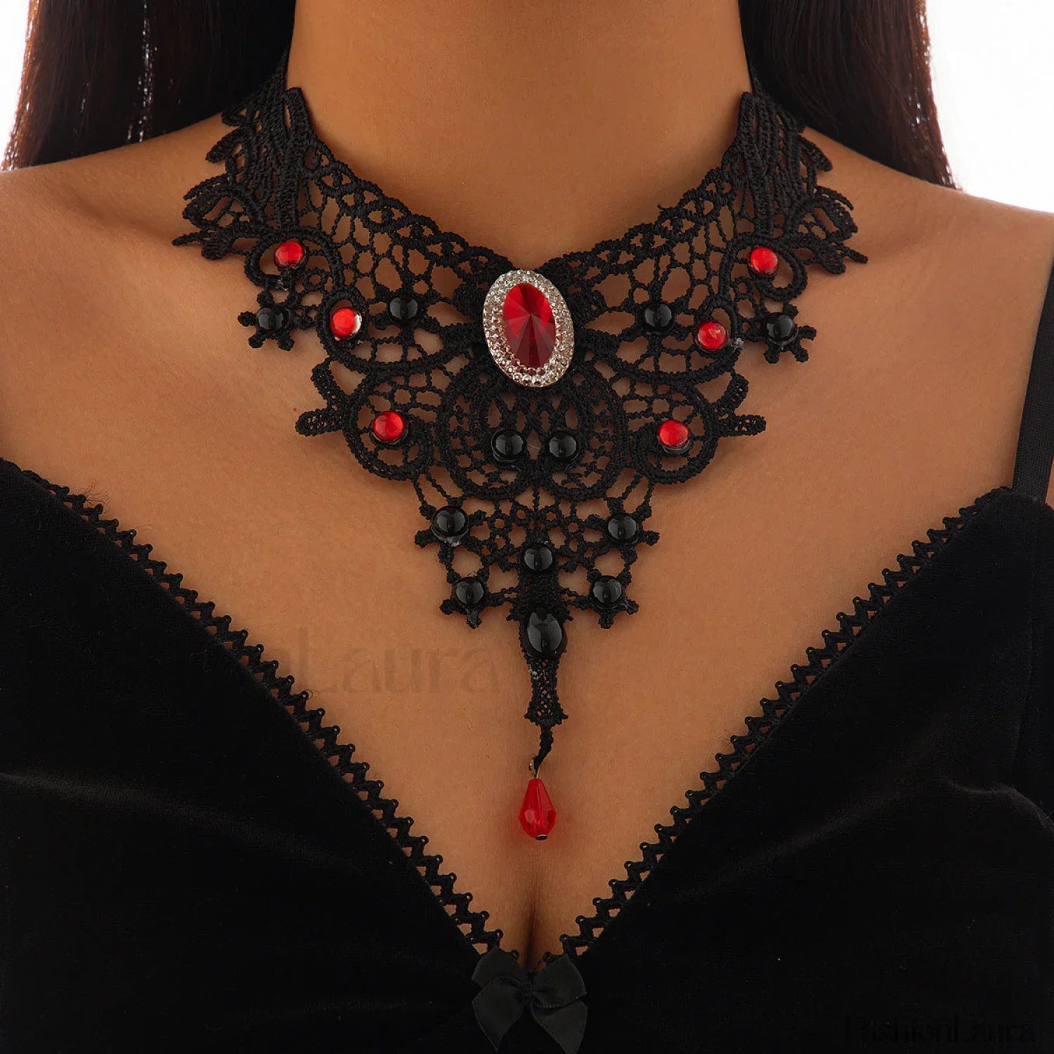 Gothic Blood Drop Gem Tassel Cross Necklace for Halloween
