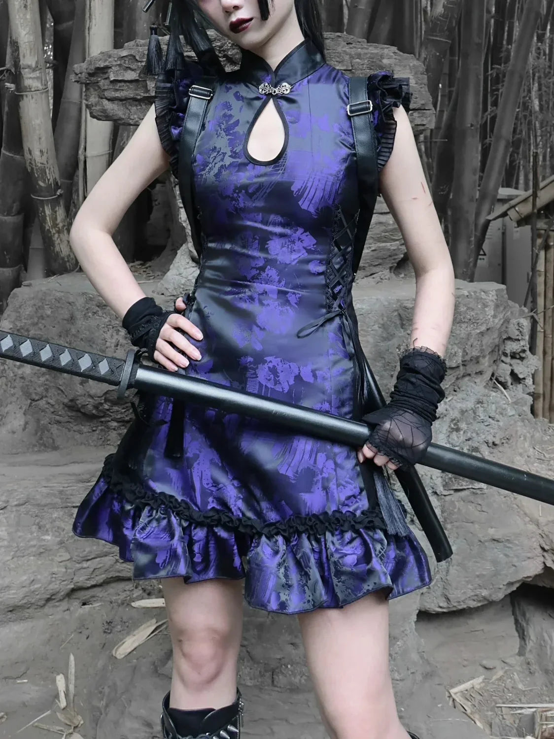 Gothic Cheongsam Chinese Tassels Collar Sleeveless Mini Slim Retro Sexy Strap Party Punk Stand Dress