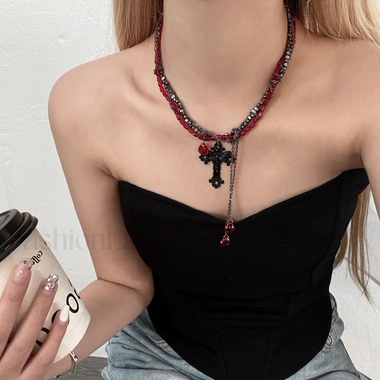Gothic Cross Dark Tassel Necklace