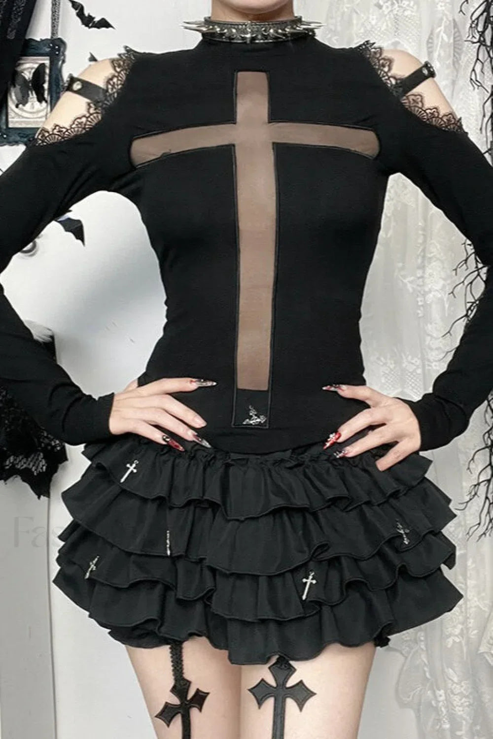 Gothic Cross Sheer Long Sleeve T-Shirt