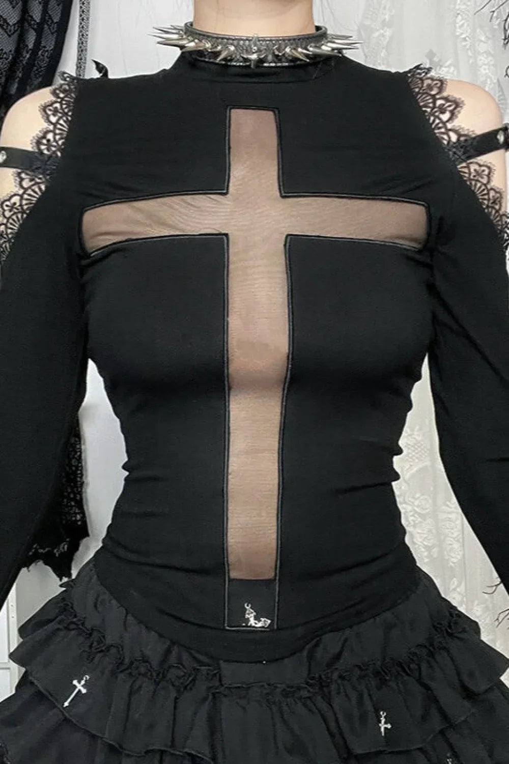 Gothic Cross Sheer Long Sleeve T-Shirt