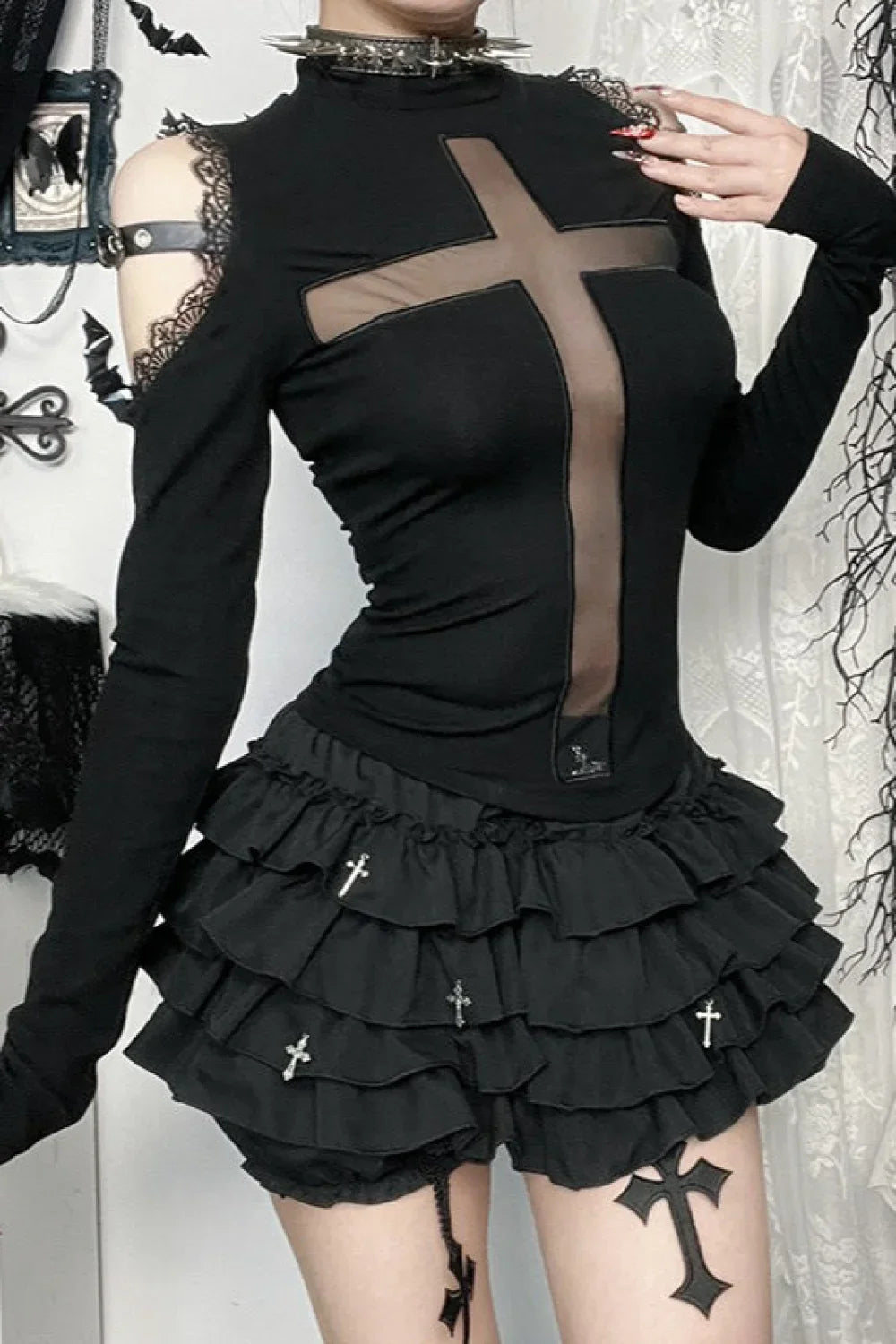 Gothic Cross Sheer Long Sleeve T-Shirt Black / S
