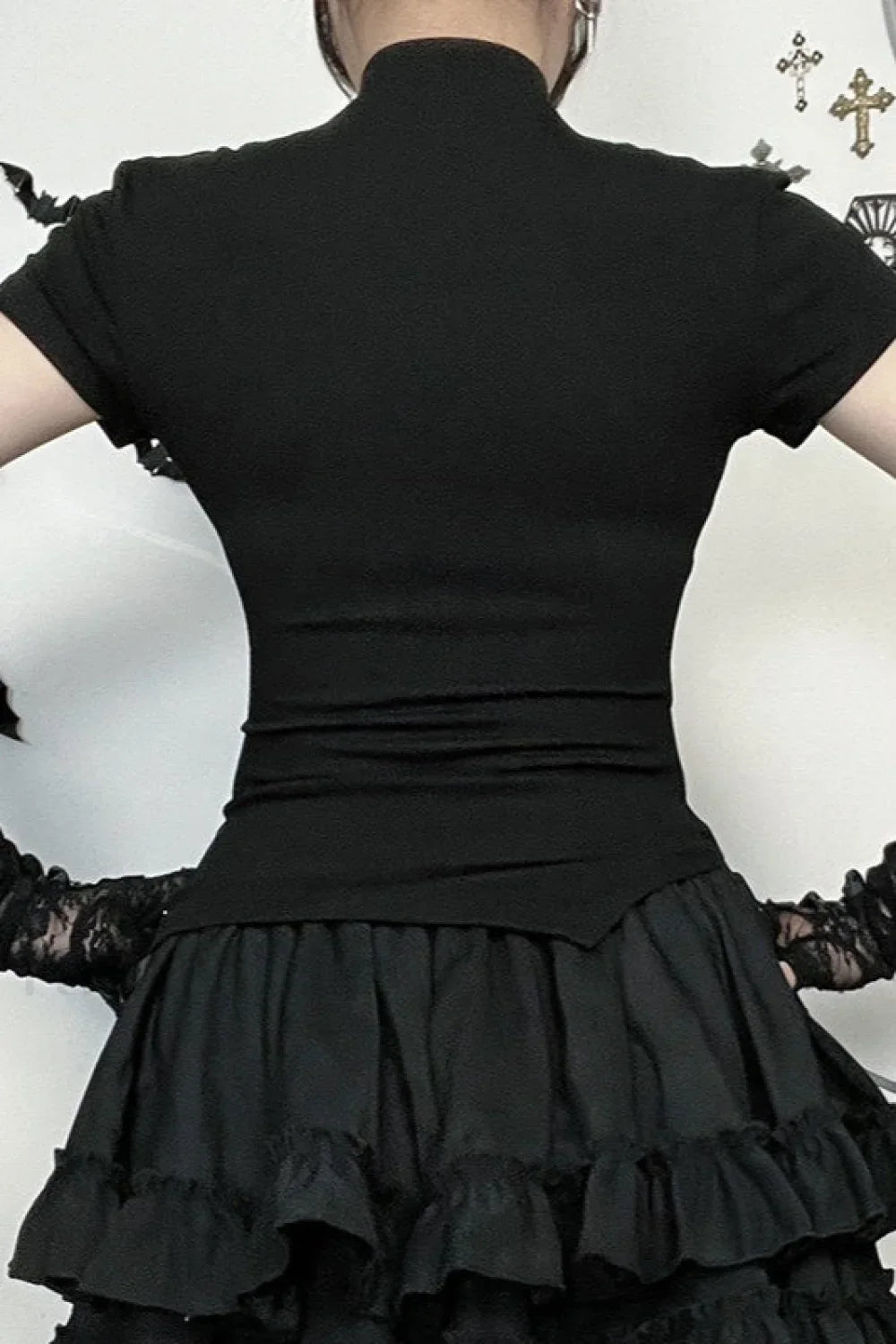 Gothic Cutout Cross Mock Neck T-Shirt