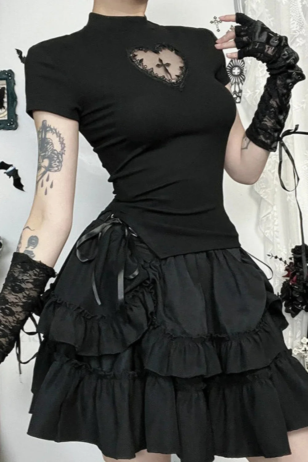 Gothic Cutout Cross Mock Neck T-Shirt