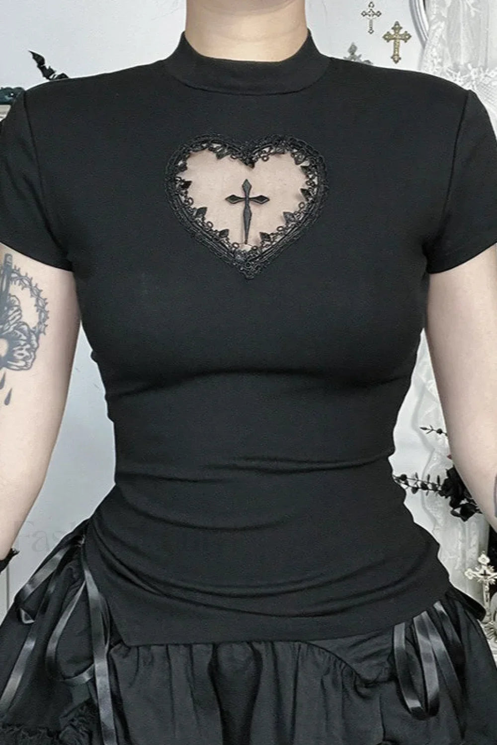 Gothic Cutout Cross Mock Neck T-Shirt
