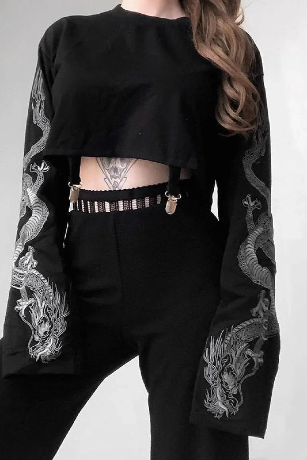 Gothic Dragon Print Cropped Hoodie Black / S
