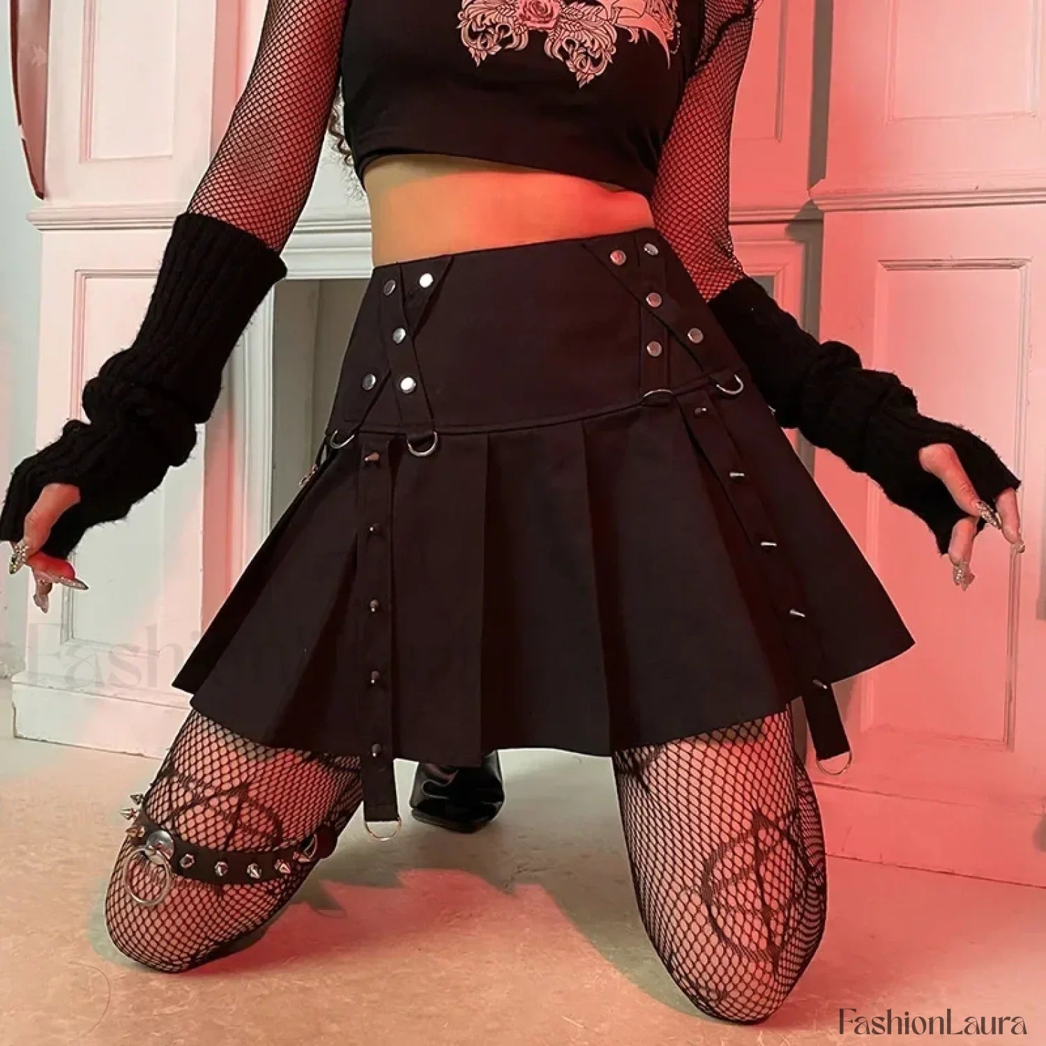 Gothic Harajuku Short Pleated Skirt with Rivet Metal Buckles and Streamer Low Waist Style