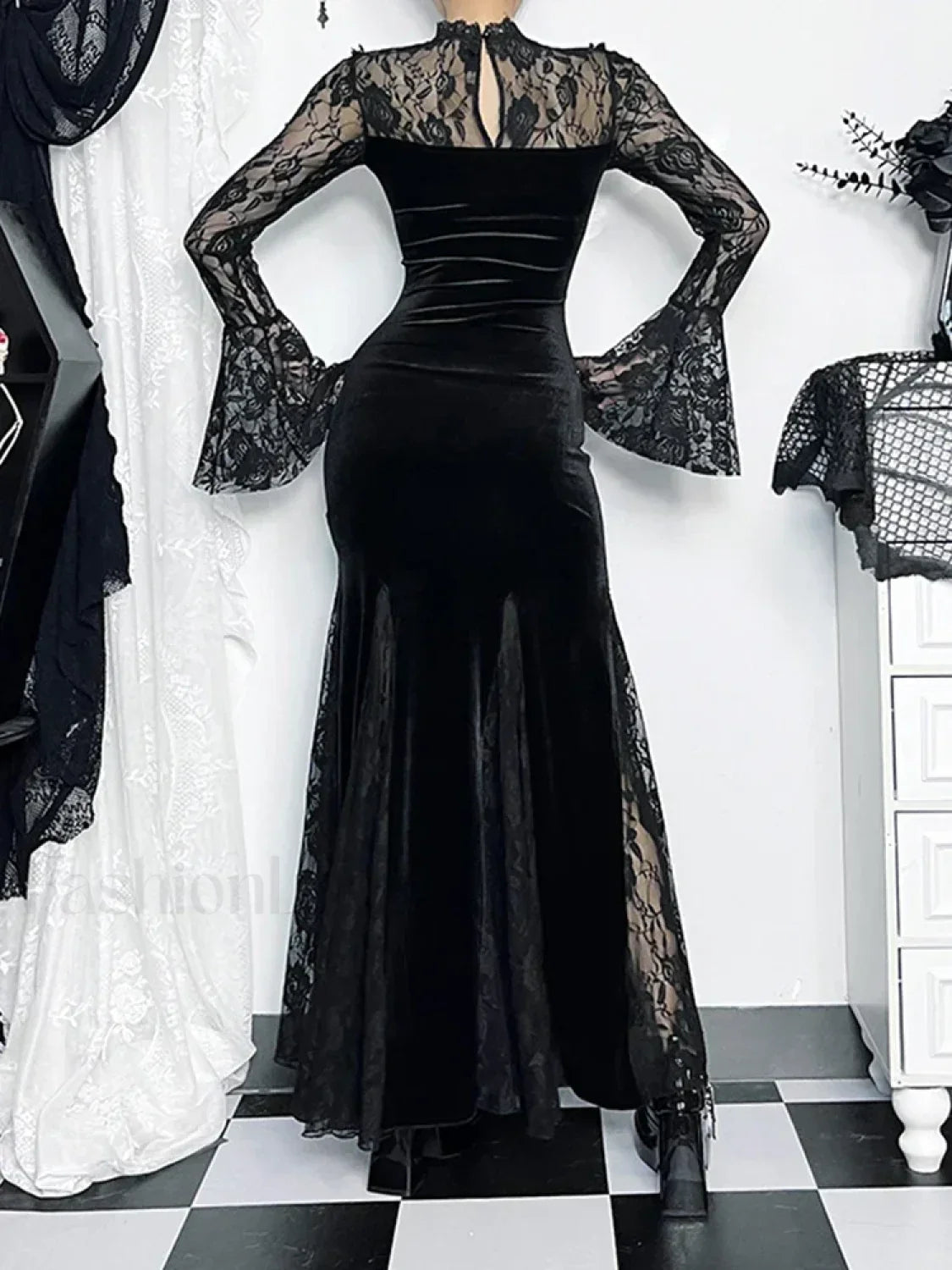 Gothic Mermaid Bodycon Long Maxi Fishtail Sleeve Lace Cocktail Ruched Dress