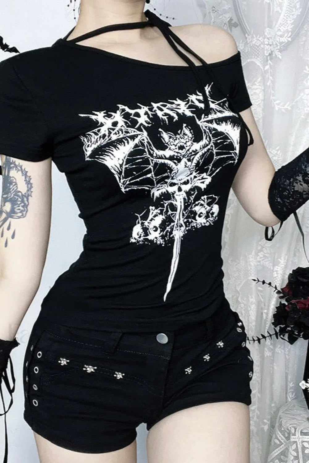 Gothic One Shoulder Print T-Shirt