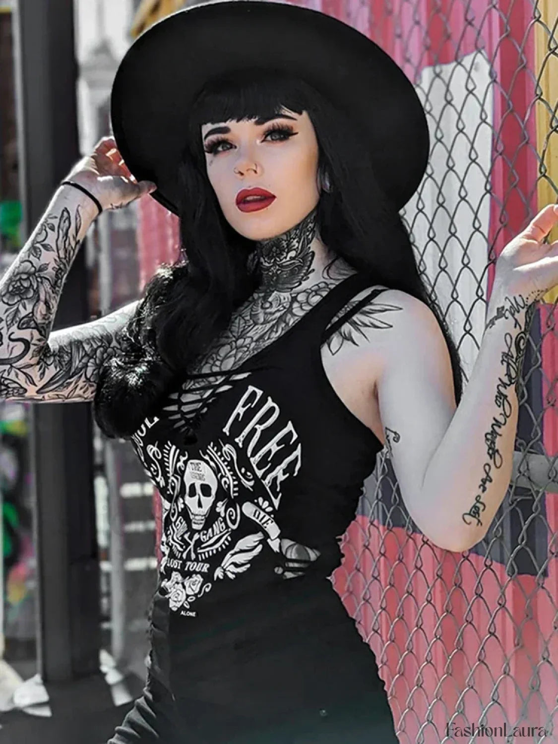 Gothic Printed Crop Skull Summer Woven Black Vintage Dark Streetwear Top