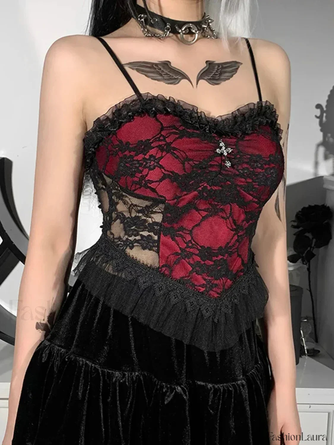 Gothic See Vintage Aesthetic Zipper Patchwork Crop Lace Y2K Backless Through Top