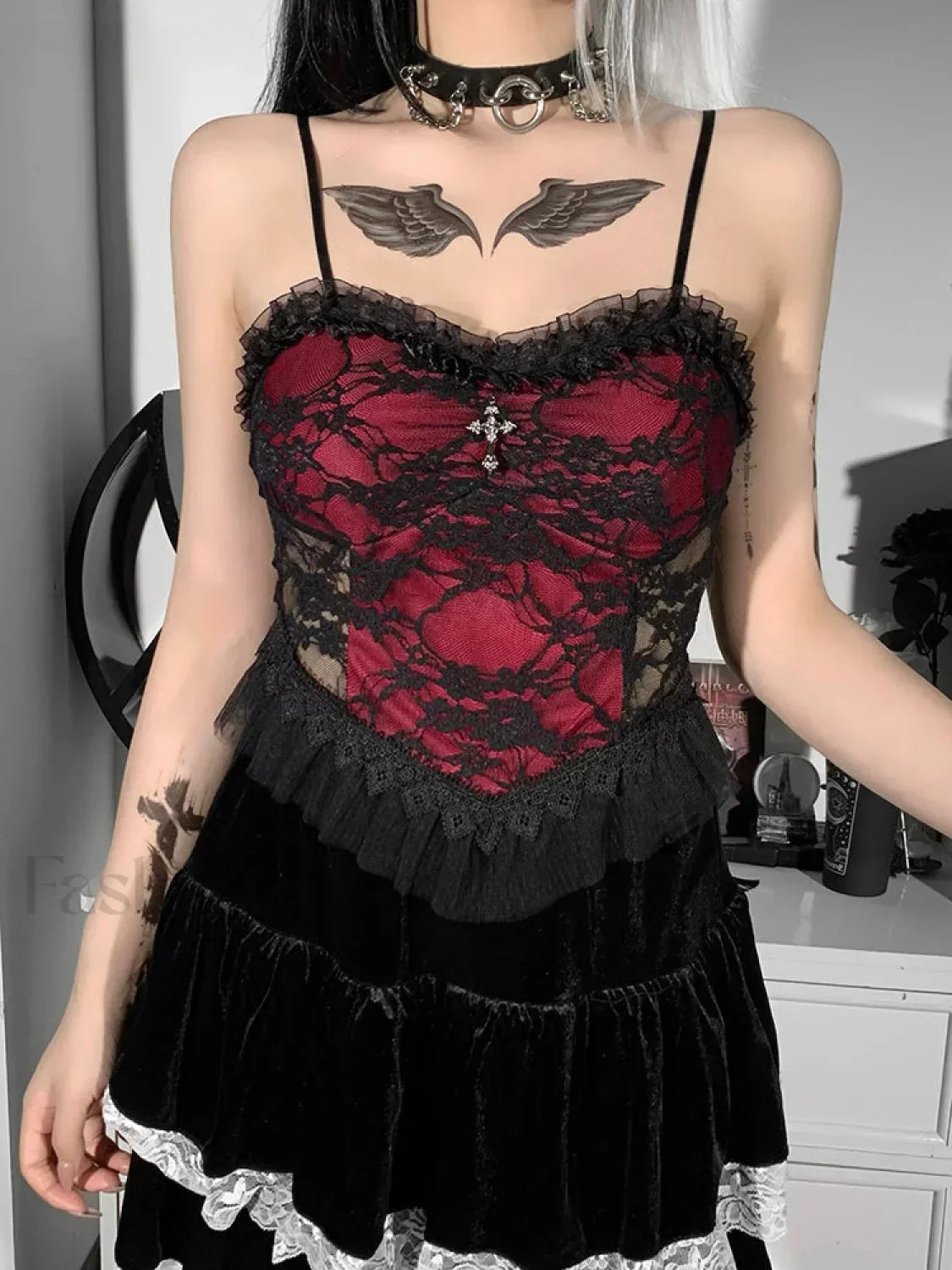Gothic See Vintage Aesthetic Zipper Patchwork Crop Lace Y2K Backless Through Top Red / S