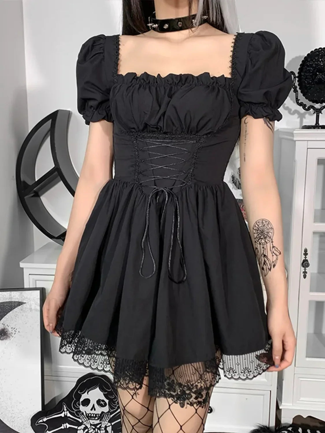 Gothic Sexy Black Y2K Harajuku Vintage Lolita Backless Mini Women Aesthetic Punk High Waist Dress