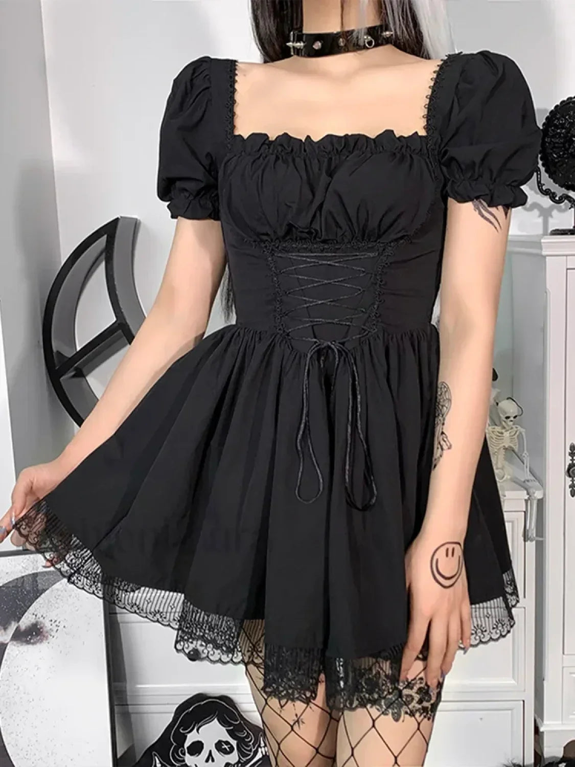 Gothic Sexy Black Y2K Harajuku Vintage Lolita Backless Mini Women Aesthetic Punk High Waist Dress