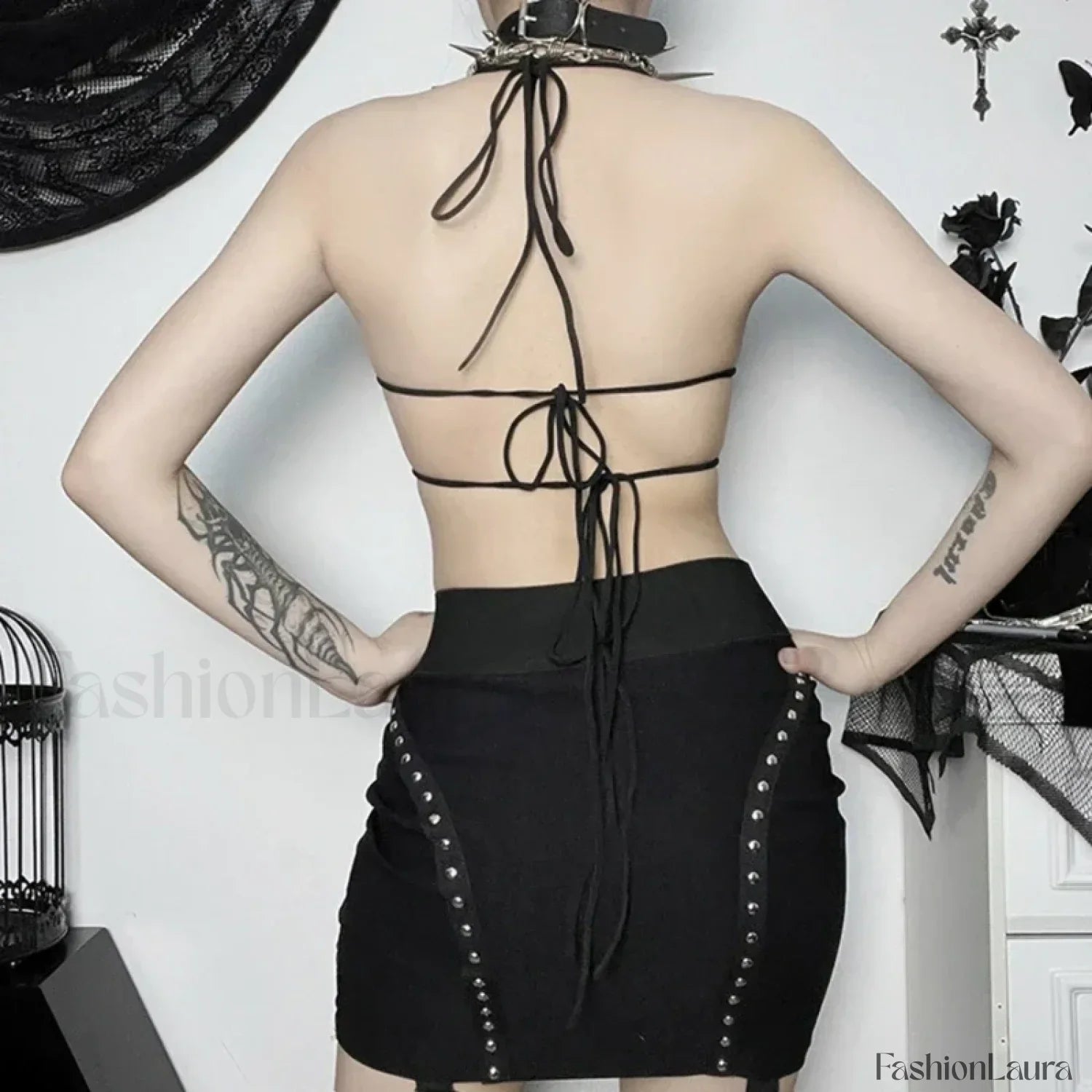 Gothic Sexy Crop Halter Black Strappy Butterfly-Shape Backless Top