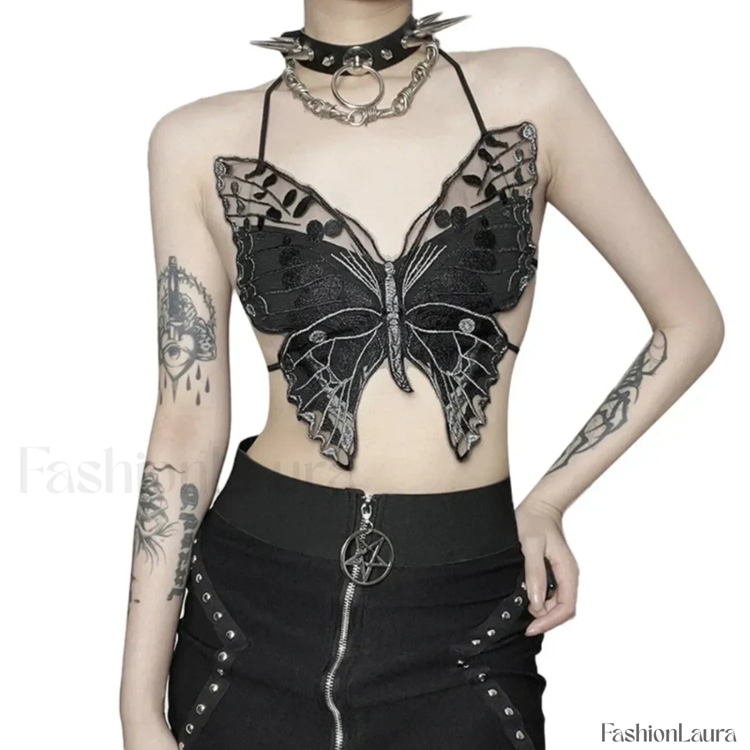 Gothic Sexy Crop Halter Black Strappy Butterfly-Shape Backless Top