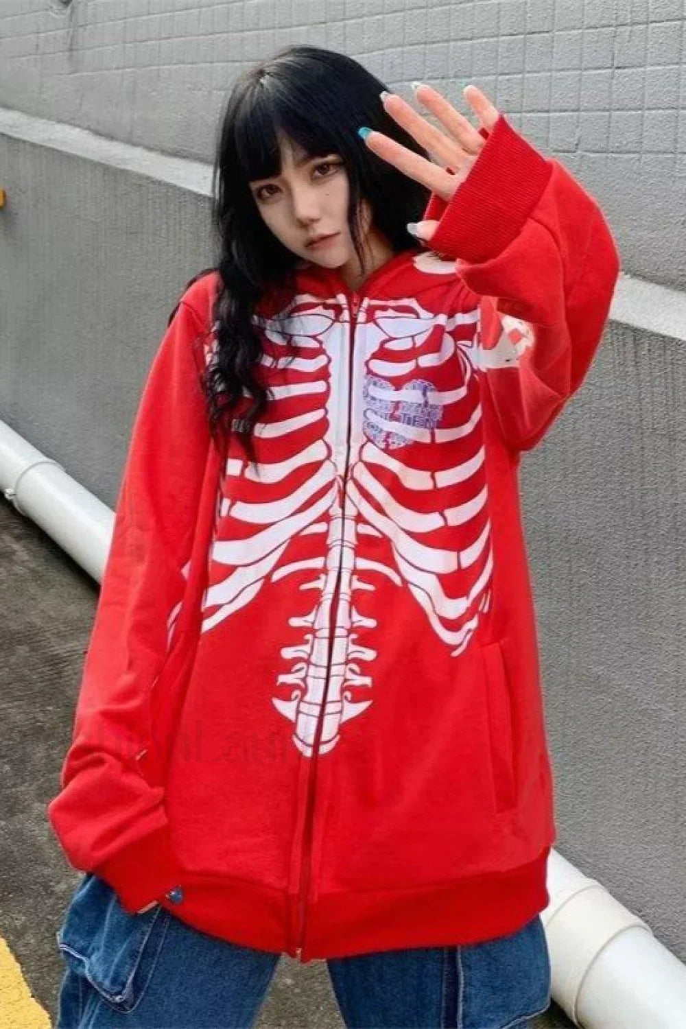 Gothic Skeleton Zipper Hoodie Red / M