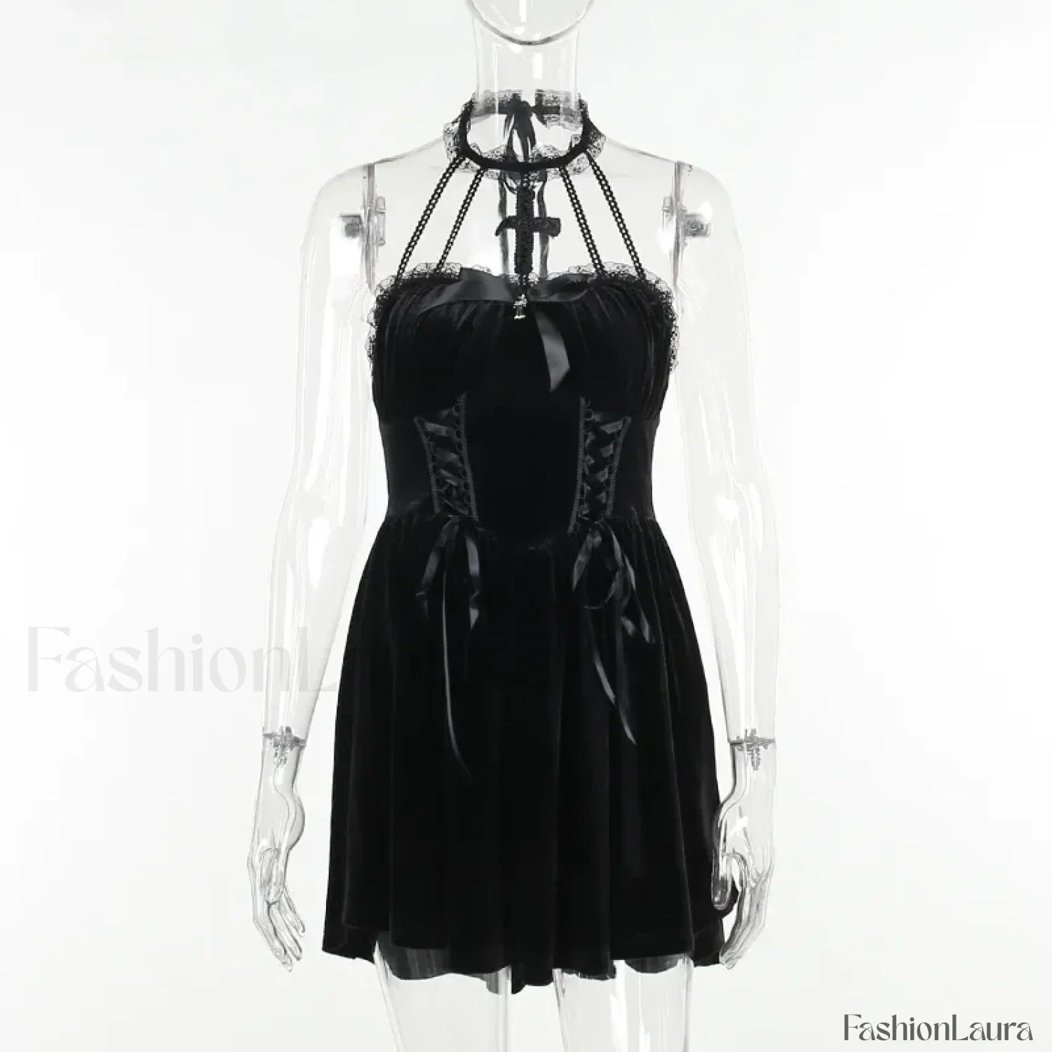 Gothic Velvet Halter Dress Vintage Draped Lace Sleeveless Bodycon Backless A-Line Cocktail Party Dress