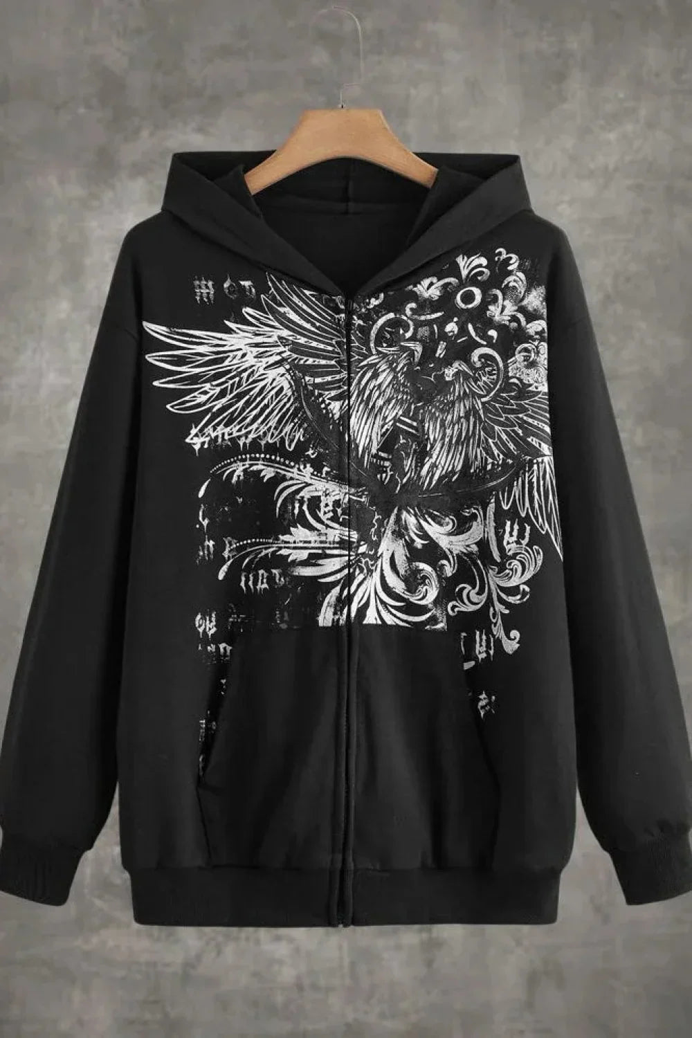 Gothic Wing Print Zip Up Hoodie Black / S