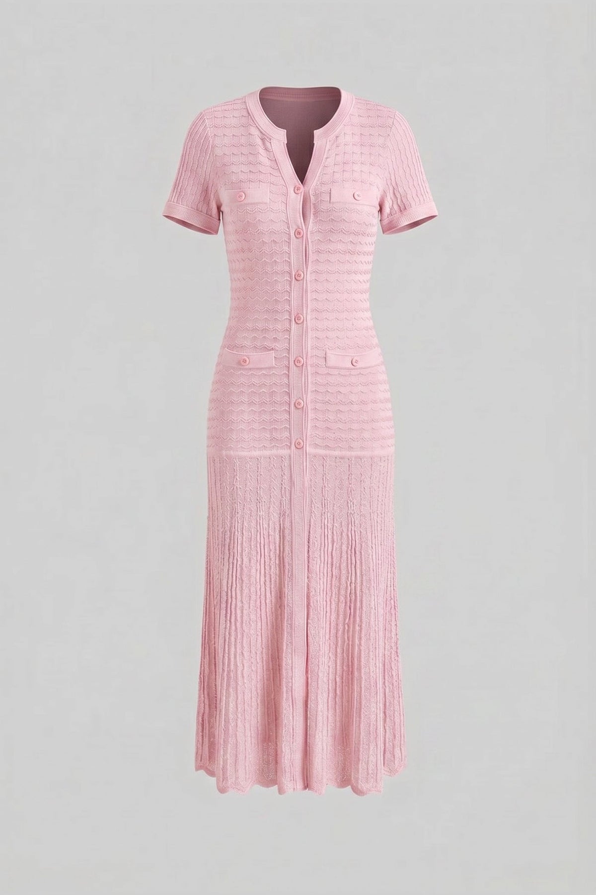 Crew Neck Short Sleeve Button Front Open Knit Flap Pocket Maxi Dress 2