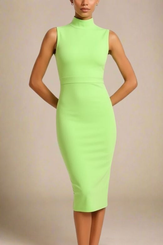 Woman wearing a figure flattering  Grace Bandage Midi Dress - Neon Green Bodycon Collection