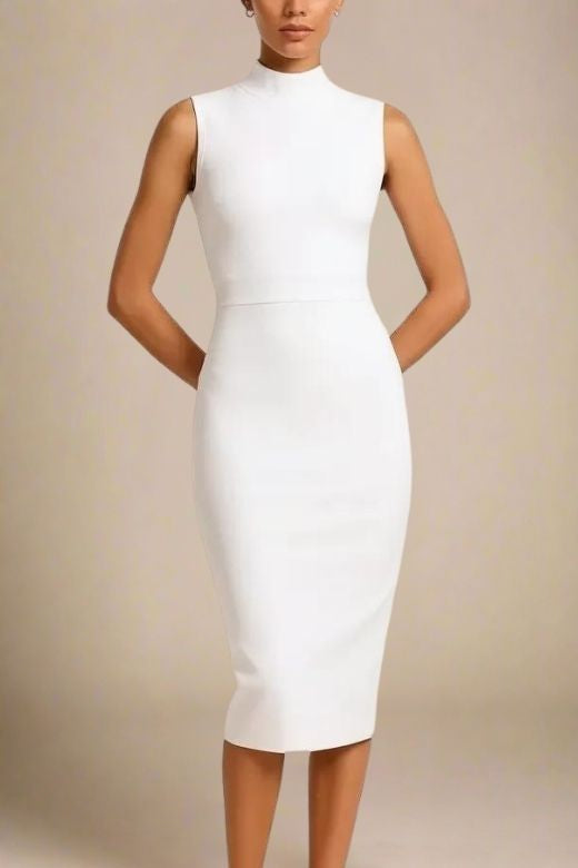 Woman wearing a figure flattering  Grace Bandage Midi Dress - Pearl White Bodycon Collection