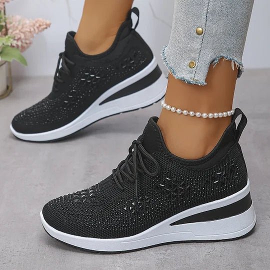 Lace Up Rhinestone Knit Wedge Platform Sneakers