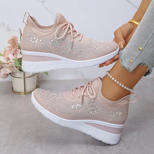 Lace Up Rhinestone Knit Wedge Platform Sneakers