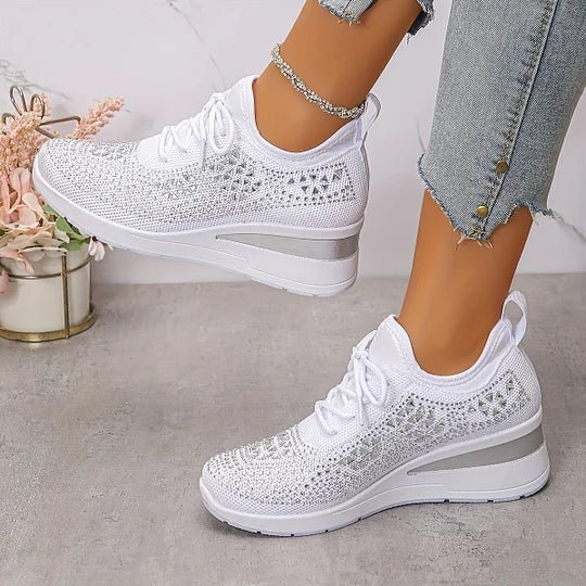 Lace Up Rhinestone Knit Wedge Platform Sneakers